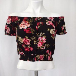 Ambiance Black Rose Print Off Shoulder Short Sleeved Crop Top